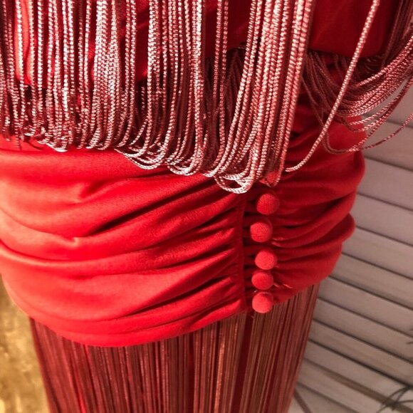 Vintage rare 70s Red Fringe 20s Flapper style elegant Cocktail Dress Sz L - Picture 9 of 13
